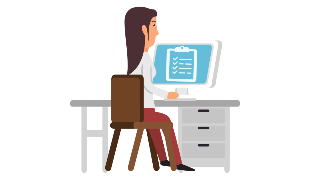 Working woman on a desktop with checklist icon on the screen Working woman on a desktop with checklist icon on the screen
