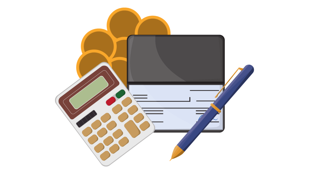 Total Cost of Ownership Business concept with a calculator, a chequebook, a pen and some coins