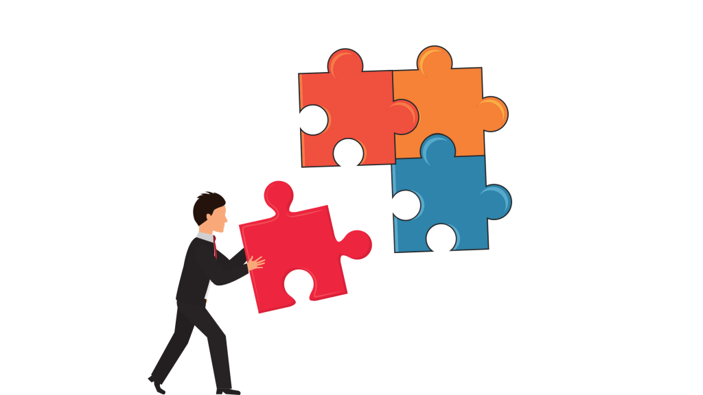 Puzzle showing sales CRM software integrates well Businessman pushing a piece of a jigsaw puzzle to fit into another