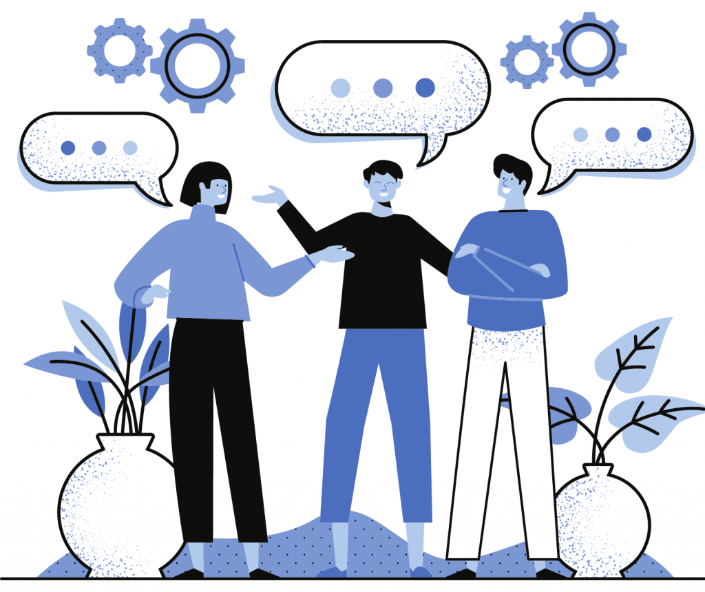 3 people talking