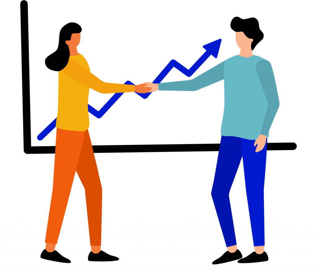 Magnifying glass hovering over the word 'customer' man and woman handshaking