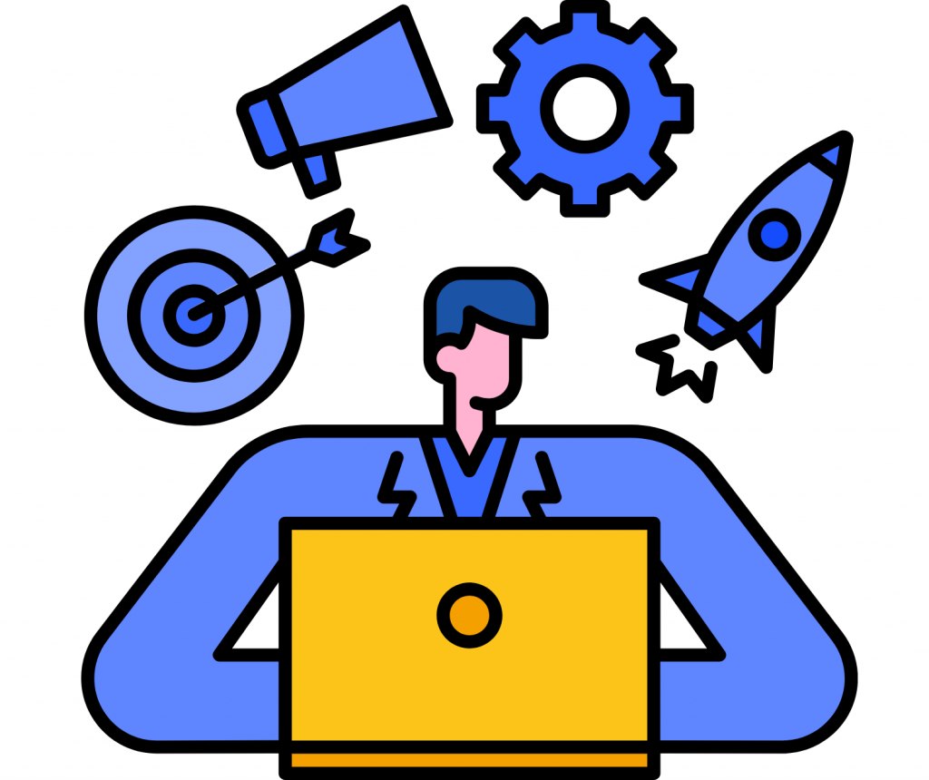 Man sitting with a laptop and working on different tools man with a laptop and icons