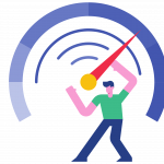 Increased Brand Loyalty Man standing below increased meter to show how brand loyalty increases in sales funnel stage with content