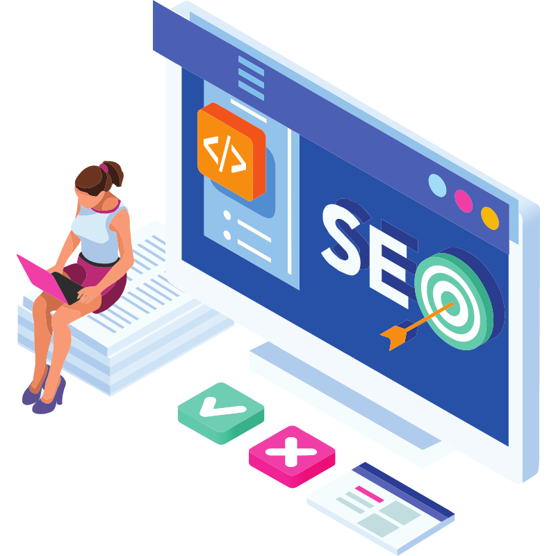 SEO woman sitting on a stack of paper and SEO background
