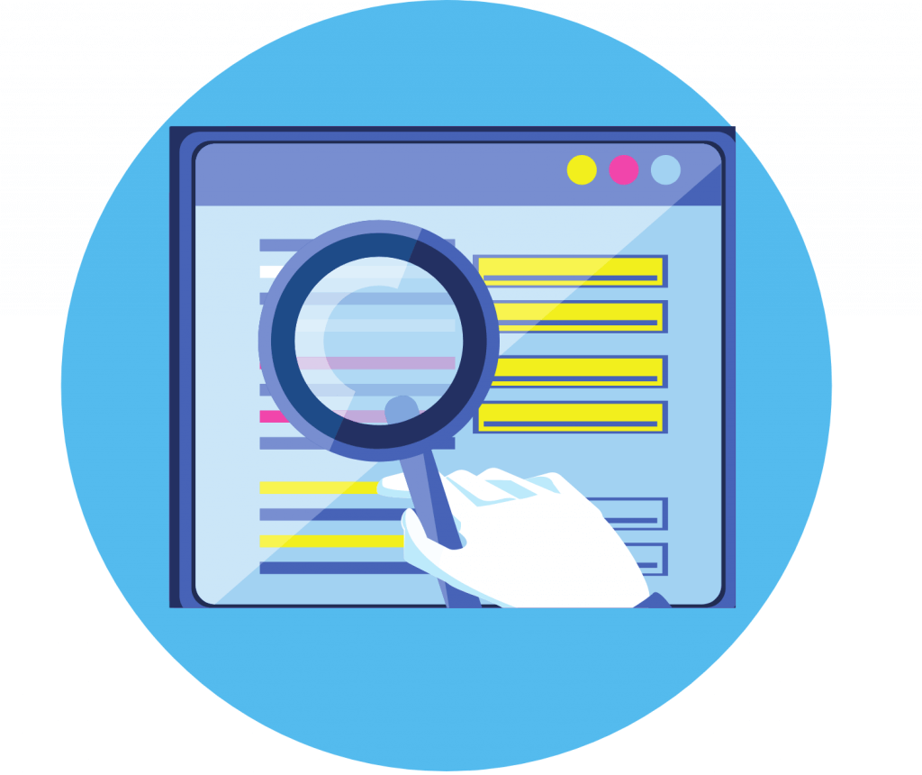 Window with a magnifying  glass on a blue circle showing accessibility on a cloud CRM.