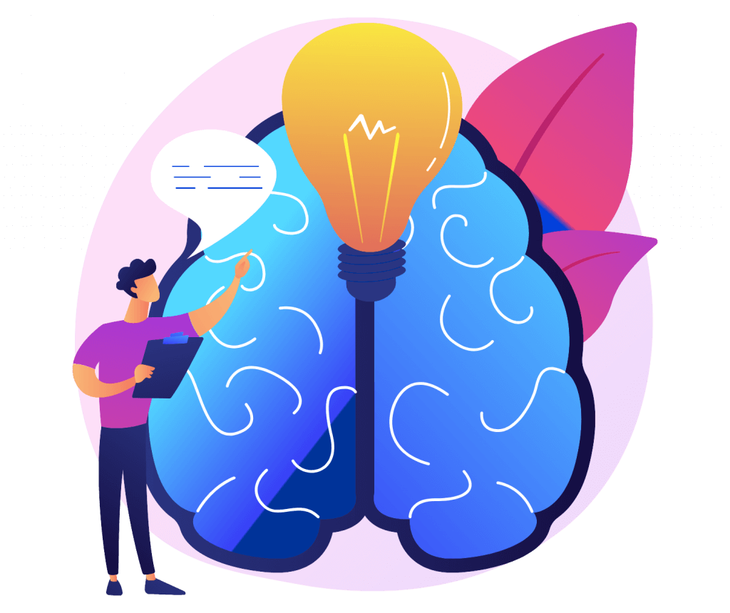Lack of Deal Insights Man looking at a light bulb on a brain.