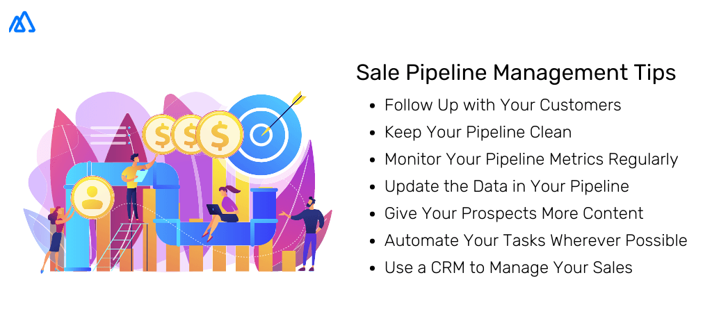 Tips for Sales Pipeline Management A sales pipeline infographic with the top sales pipeline management tips written