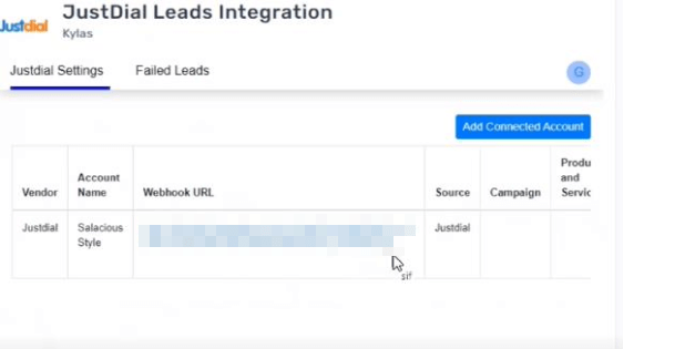 JustDial webhook URL screenshot