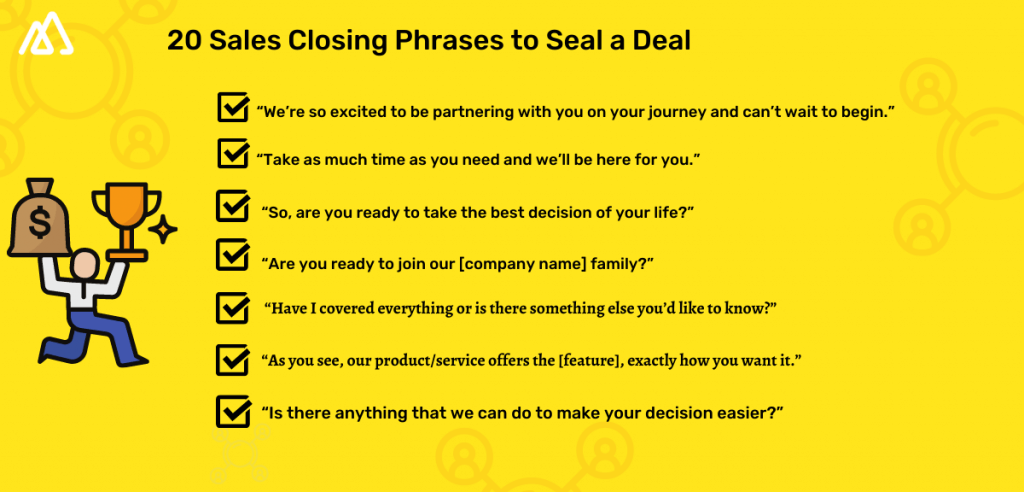 Infographic in yellow background covering points related to closing phrases to seal a deal  