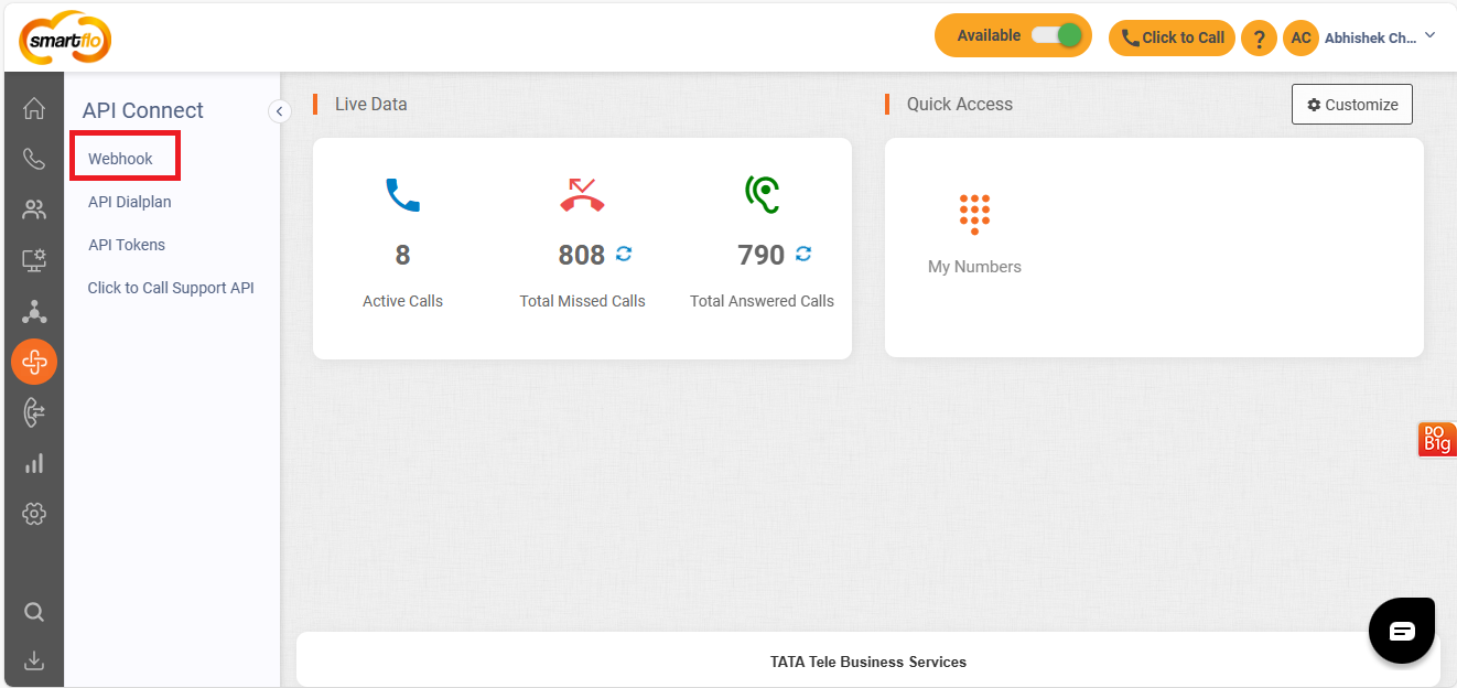 Setup webhook URLs in Tata Tele account: